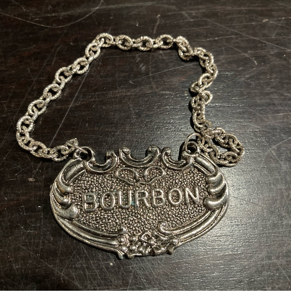 Vintage White Metal BOURBON Gin Decanter Tag Label Silver Chain Reversible EUC